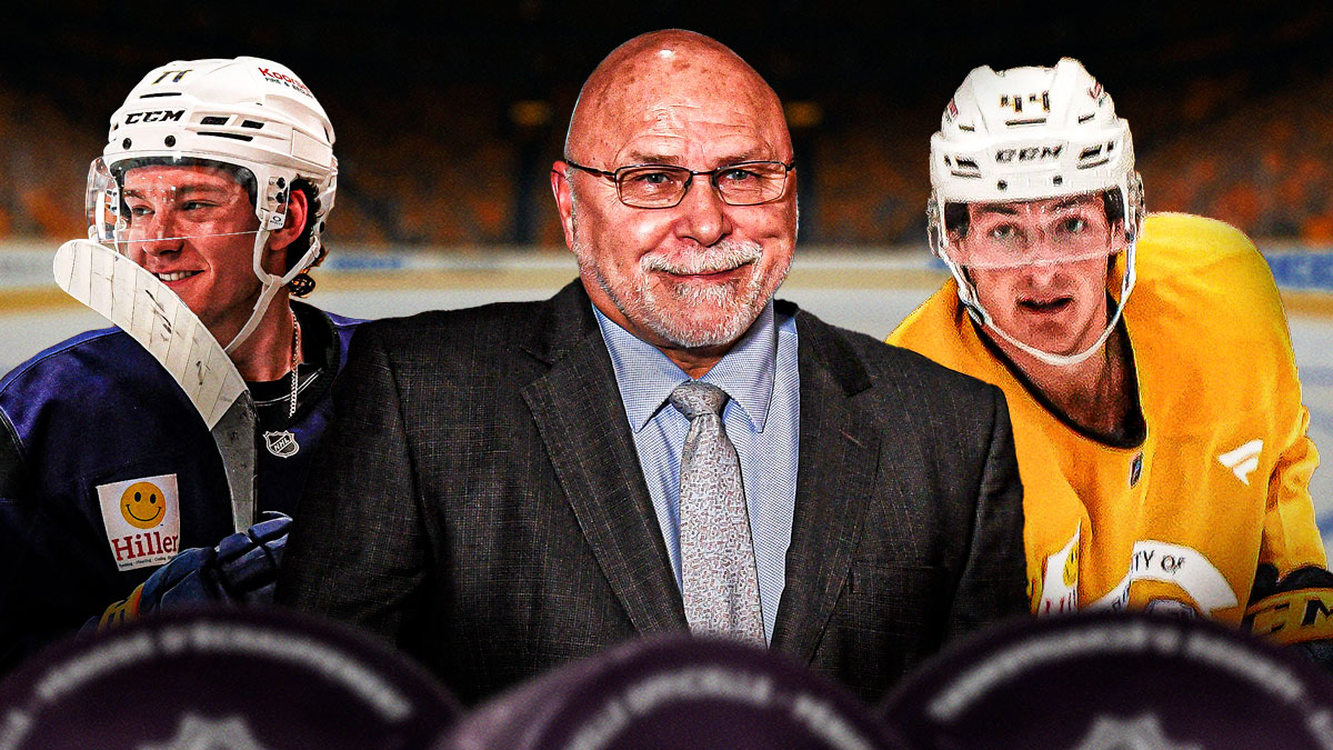 Barry Trotz (Predators GM) with Brady Martin and Cameron Reid. Predators logo in the background.
