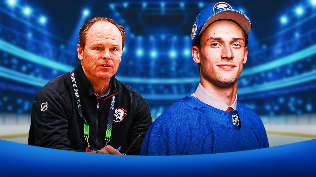 GM Kevyn Adams with Radim Mrtka. Sabres logo in the background