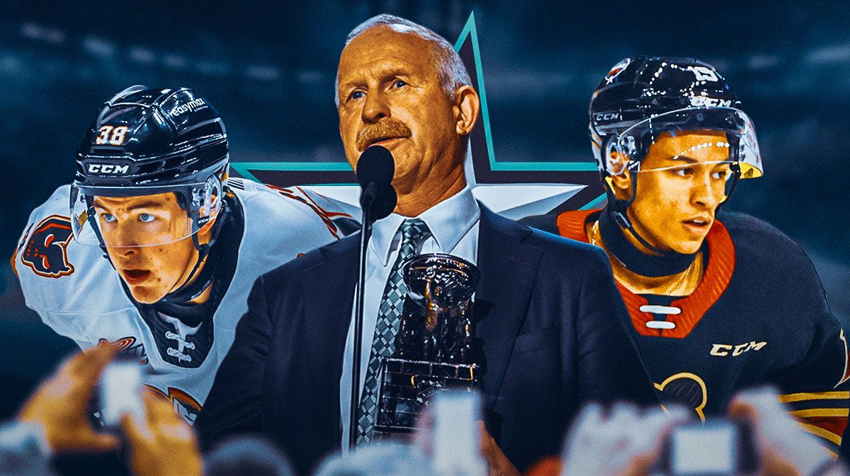 Jim Nill (Stars GM) in the center with Cameron Schmidt and Brandon Gorzynski (new draft selections) on the outsides. Stars logo in the background
