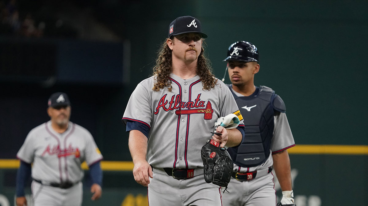 Atlanta Braves starting pitcher Grant Holmes (66) walks in from the bullpen prior to a game against the Texas Rangers at Globe Life Field.