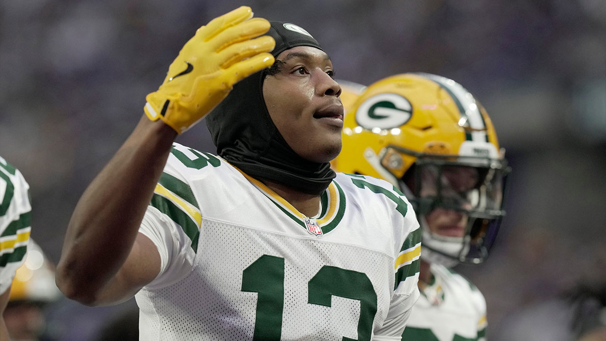 Green Bay Packers wide receiver Dontayvion Wicks (13) is shown before their game Sunday, December 29, 2024 at U.S. Bank Stadium in Minneapolis, Minnesota. The Minnesota Vikings beat the Green Bay Packers 27-25.