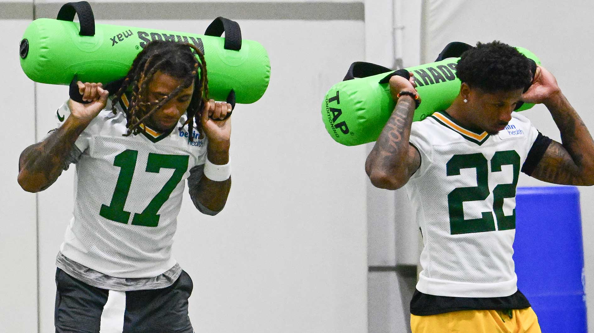 Green Bay Packers wide receiver Sam Brown Jr (17) and wide receiver Matthew Golden (22) participates in the team's minicamp at Ray Nitschke Field.