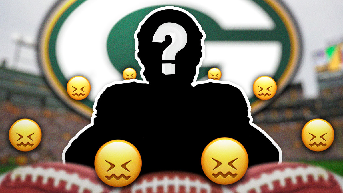 Mystery player in the middle, 😖 emojis around him, Green Bay Packers logo in the background