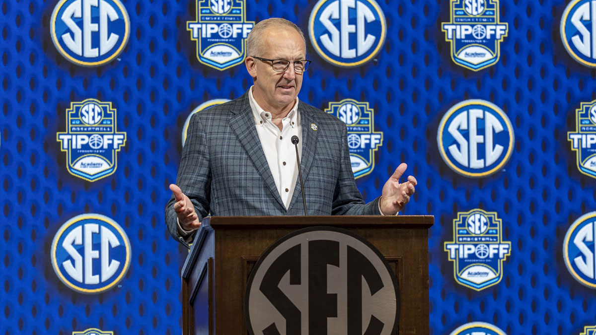 SEC commissioner Greg Sankey talks with the media during SEC Media Days at Grand Bohemian Hotel.