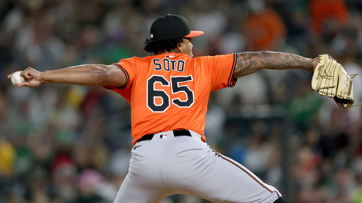 Baltimore Orioles pitcher Gregory Soto (65) throws a pitch against the Athletics during the seventh inning at Sutter Health Park.