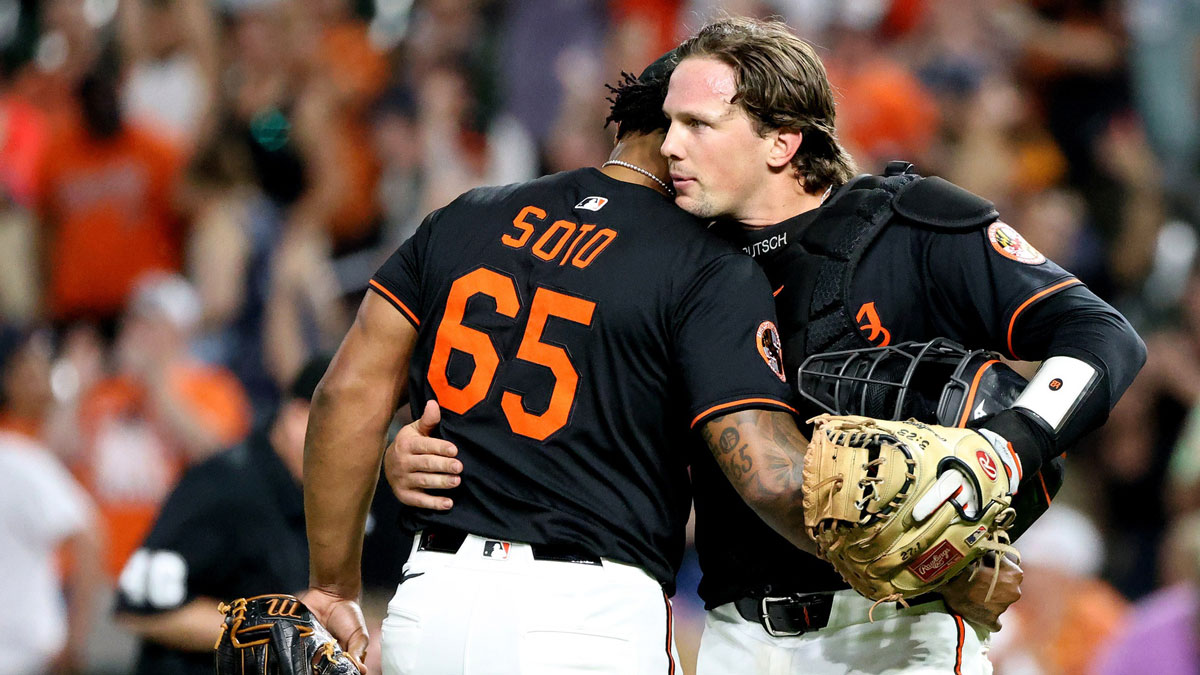 Baltimore Orioles pitcher Gregory Soto (65) celebrates with Baltimore Orioles catcher Adley Rutschman (35) after a game against the Detroit Tigers at Oriole Park at Camden Yards