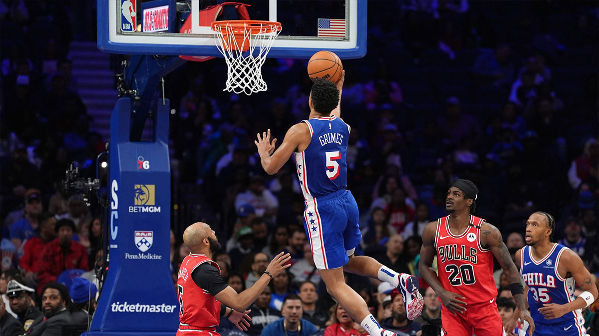 Philadelphia 76ers guard Quentin Grimes (5) drives to shoot against the Chicago Bulls in the fourth quarter at Wells Fargo Center.