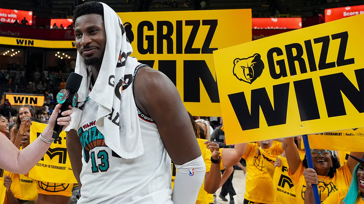 Grizzlies' Jaren Jackson Jr. (13) smiles as he’s interviewed in front of a Grizzlies hype crew after the Grizzlies defeated the Mavericks 120-106 in the play-in game to secure a spot in the NBA Playoffs at FedExForum in Memphis, Tenn., on Friday, April 18, 2025. Grizzlies sign Jackson Jr. this NBA Free Agency period.