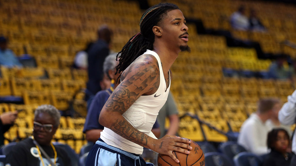 Grizzlies guard Ja Morant (12) shoots during warm ups prior to game three for the first round of the 2024 NBA Playoffs against the Oklahoma City Thunder at FedExForum