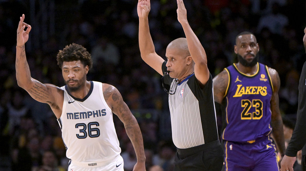 Memphis Grizzlies guard Marcus Smart (36) heads down court after a 3-point basket in the first half against the Los Angeles Lakers at Crypto.com Arena.