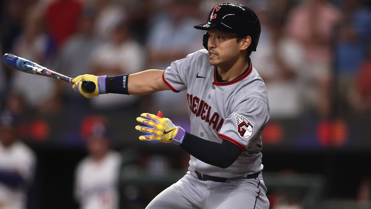 American League outfielder Steven Kwan (38) of the Cleveland Guardians hits an RBI single in the ninth inning during the 2025 MLB All Star Game at Truist Park.