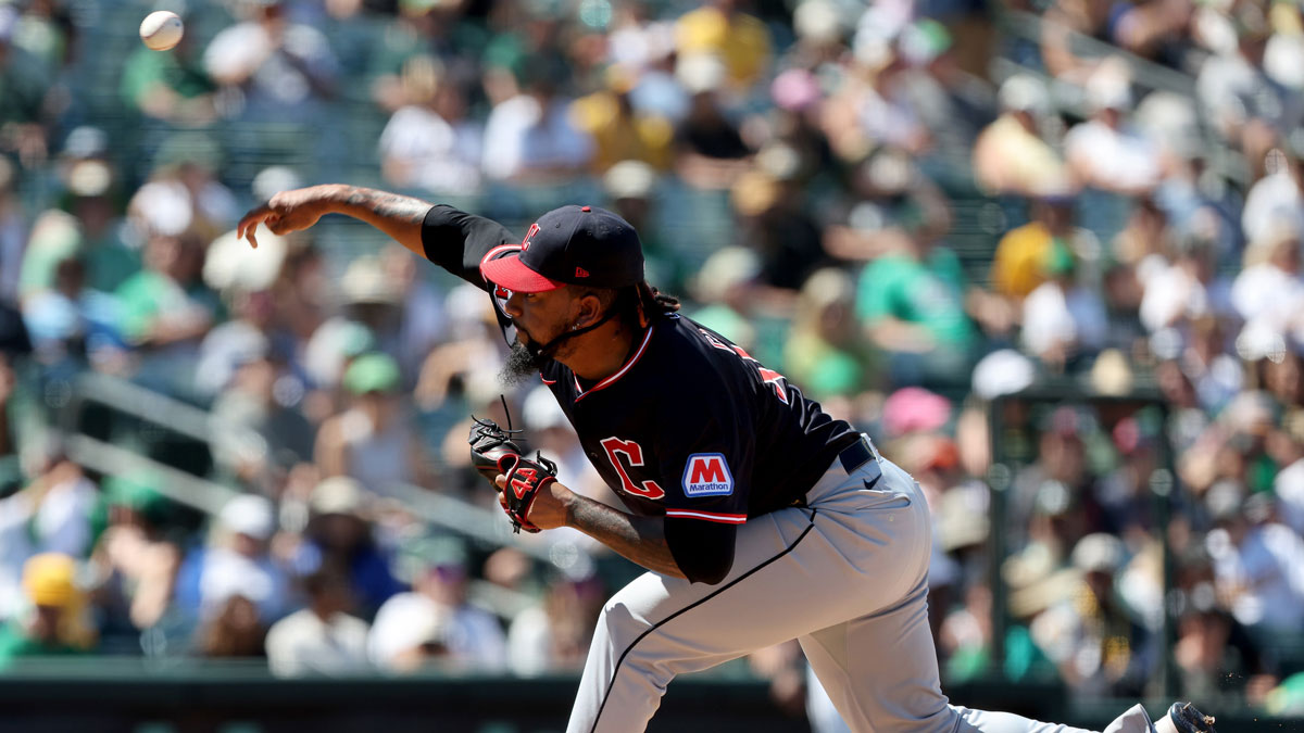 Cleveland Guardians pitcher Emmanuel Clase (48) throws a pitch against the Athletics during the ninth inning at Sutter Health Park.