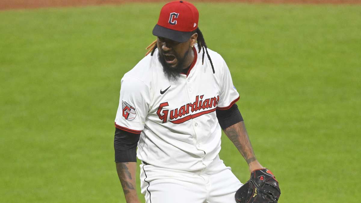 Cleveland Guardians relief pitcher Emmanuel Clase (48) reacts after a win over the Baltimore Orioles at Progressive Field.