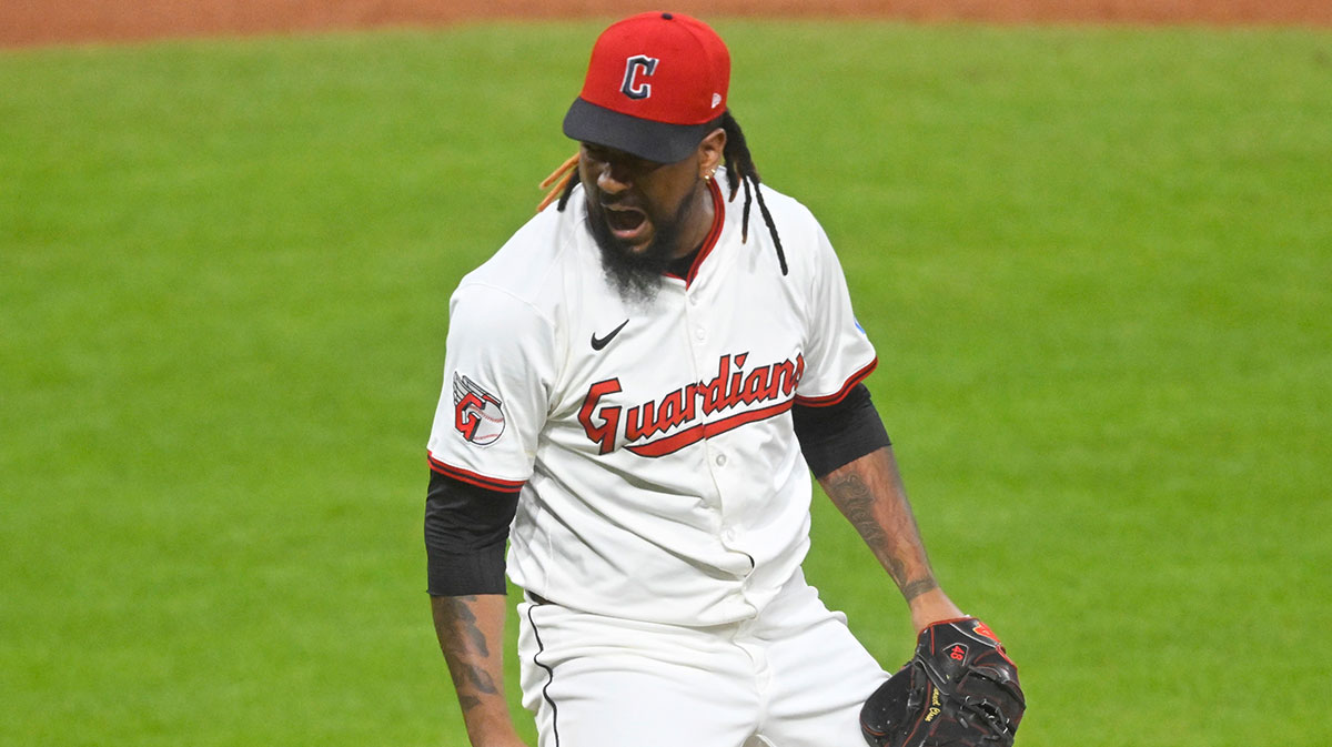 Cleveland Guardians relief pitcher Emmanuel Clase (48) reacts after a win over the Baltimore Orioles at Progressive Field.