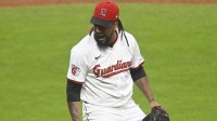 Cleveland Guardians relief pitcher Emmanuel Clase (48) reacts after a win over the Baltimore Orioles at Progressive Field. The Chicago Cubs are actively pursuing Emmanuel Clase ahead of the MLB Trade Deadline.