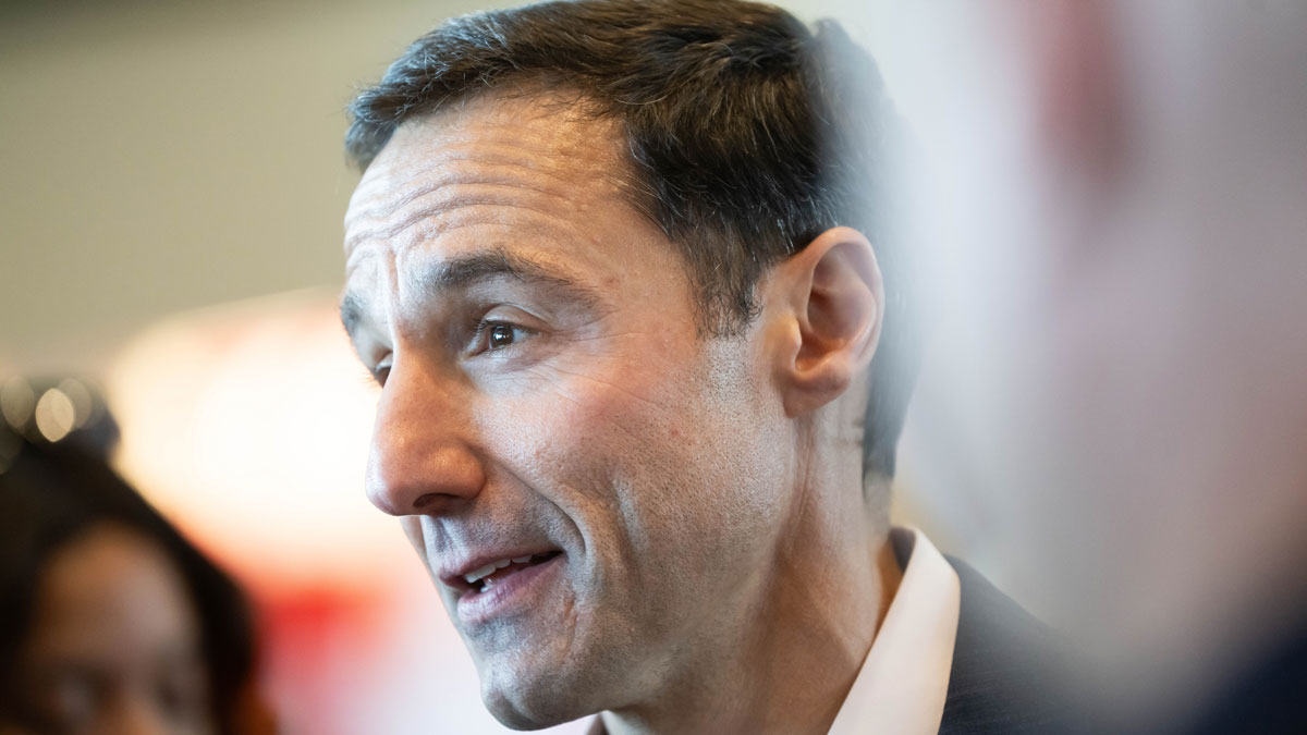 Cleveland Guardians president of baseball operations Chris Antonetti talks to the media during an introductory press conference for new manager Stephen Vogt at Progressive Field.