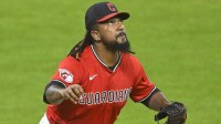 Cleveland Guardians relief pitcher Emmanuel Clase (48) watches a fly ball on the final out of a game in the ninth inning against the Baltimore Orioles at Progressive Field.