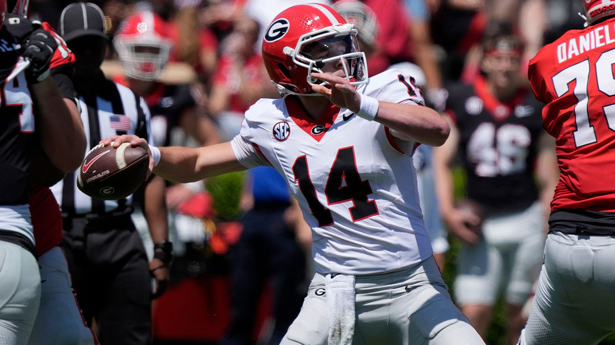 Georgia quarterback Gunner Stockton (14) throws a deep ball during the Georgia G-Day spring football game in Athens, Ga., on Saturday, April 12, 2025.