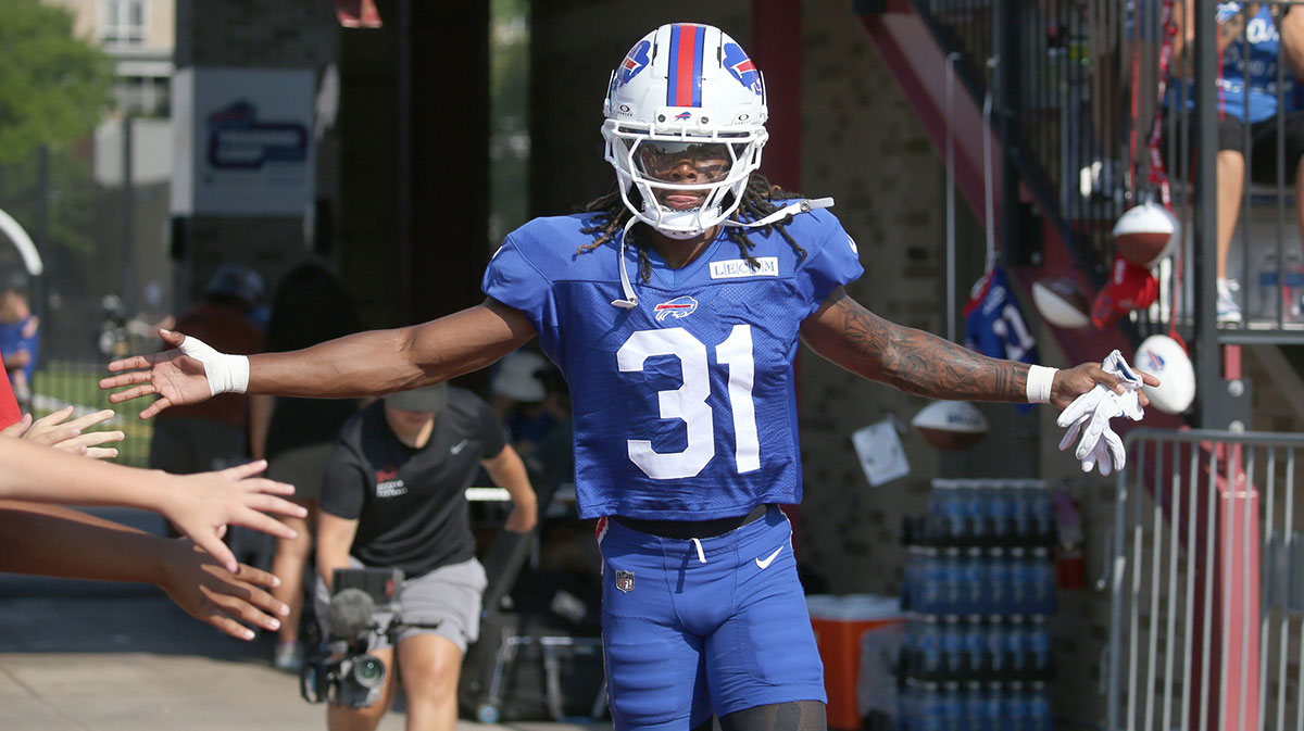 Bills rookie defensive back Maxwell Hairston high-fives fans as he runs onto the field during day five of Buffalo Bills training camp at St. John Fisher University Monday, July 28, 2025 in Pittsford, NY.