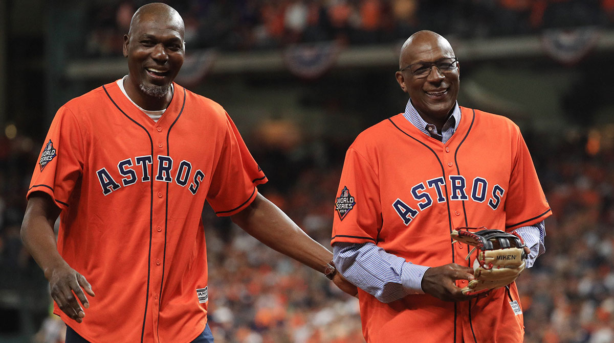 Hakeem Olajuwon (left) and Clyde Drexler (right) before game six of the 2019 World Series between the Houston Astros and the Washington Nationals at Minute Maid Park.