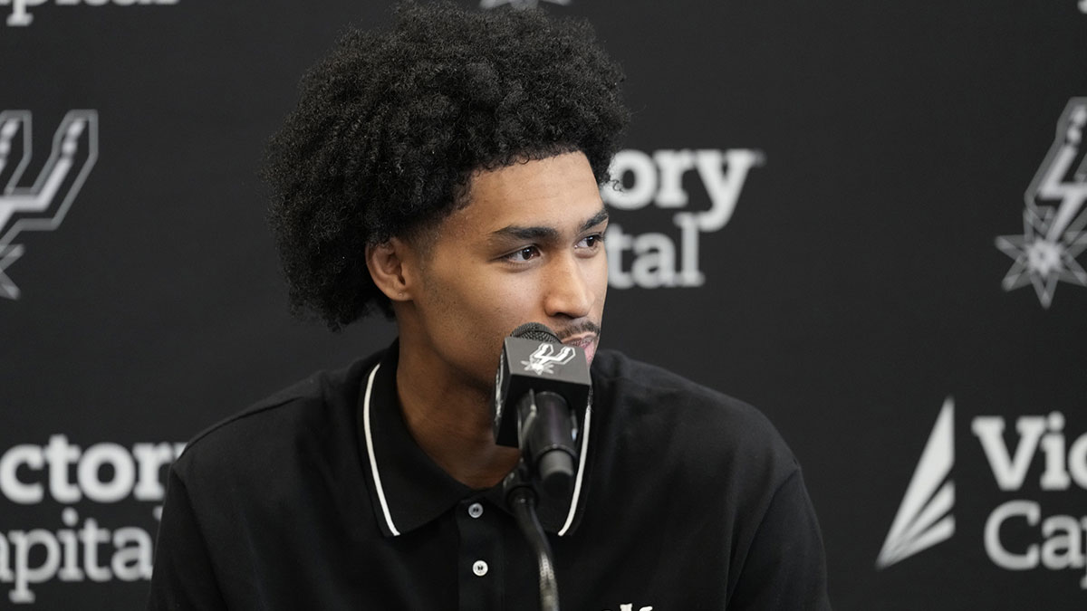San Antonio Spurs first round draft pick Dylan Harper answers questions during press conference at Victory Capital Performance Center.