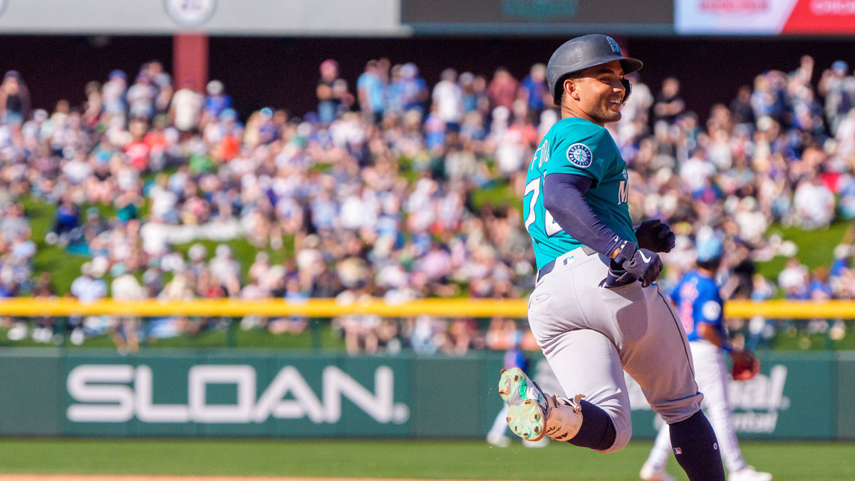 Seattle Mariners catcher Harry Ford (72) reacts after hitting a home run in the eighth inning during a spring training game against the Chicago Cubs at Sloan Park.