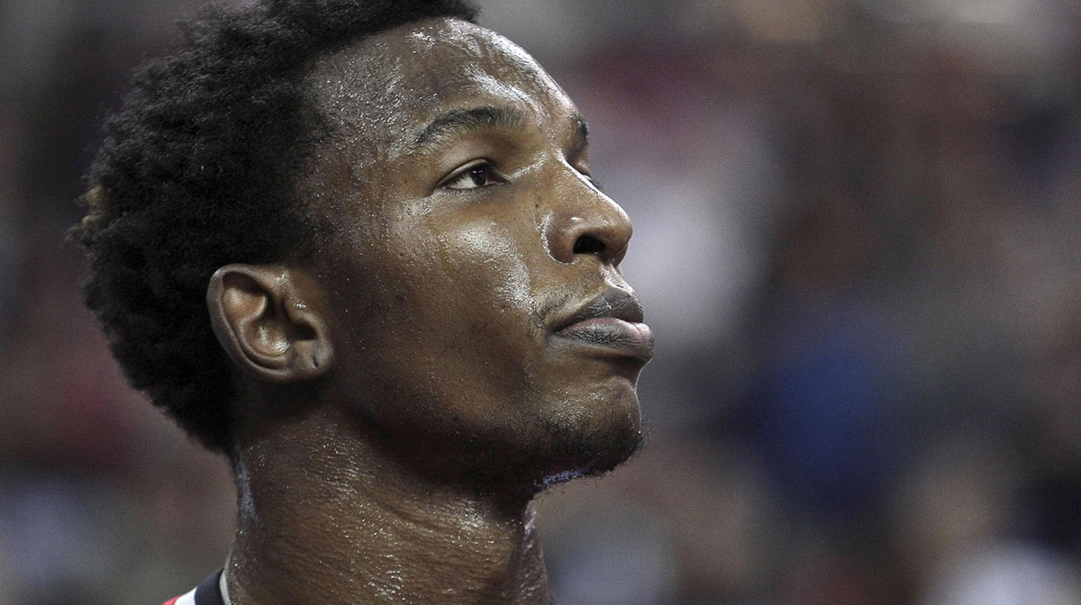Portland Trail Blazers center Hasheem Thabeet (34) on the bench against the Sacramento Kings during the fourth quarter at Power Balance Pavilion. The Sacramento Kings defeated the Portland Trail Blazers 104-103. 