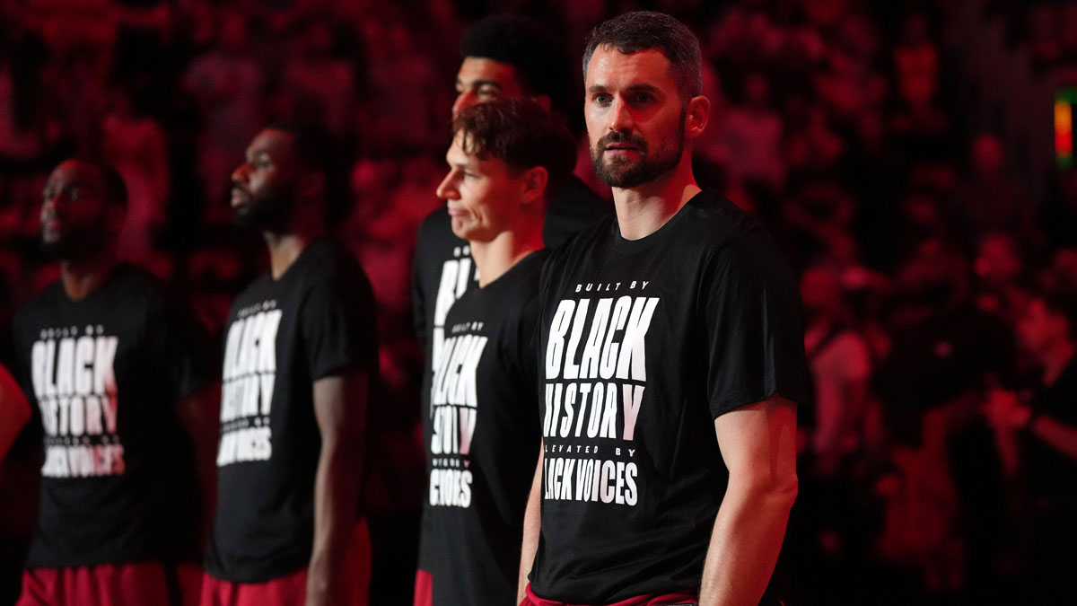 Miami Heat forward Kevin Love (42) during pregame ceremonies before the game against the Atlanta Hawks at Kaseya Center.