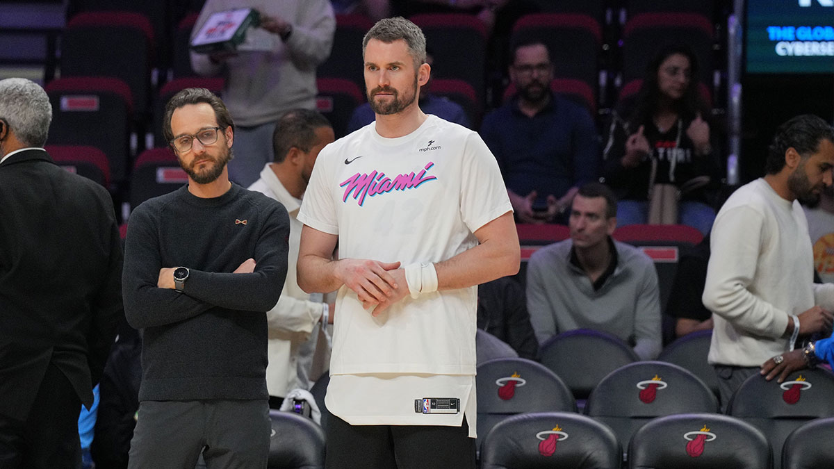 Miami Heat forward Kevin Love (42) looks on during warm-ups before the game against the Cleveland Cavaliers at Kaseya Center.