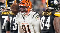 Cincinnati Bengals defensive end Trey Hendrickson (91) celebrates a stop in the fourth quarter of the NFL Week 18 game between the Pittsburgh Steelers and the Cincinnati Bengals at Acrisure Stadium in Pittsburgh on Saturday, Jan. 4, 2025. The Bengals won 19-17 to finish the regular season at 9-8.