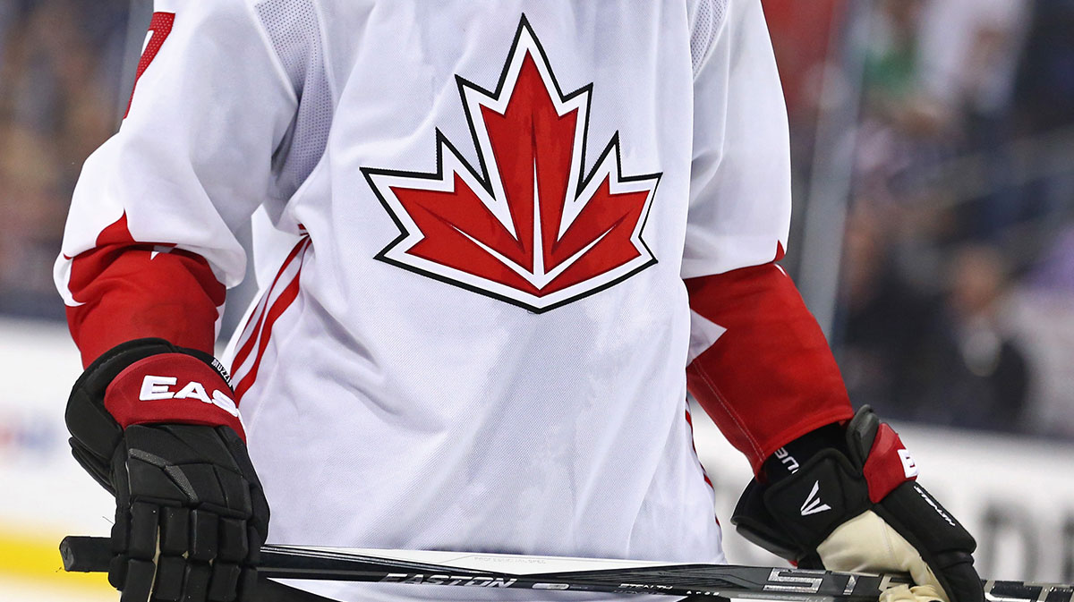 A view of the Team Canada logo on an official Adidas jersey during a World Cup of Hockey pre-tournament game at Nationwide Arena. Team USA won 4-2.