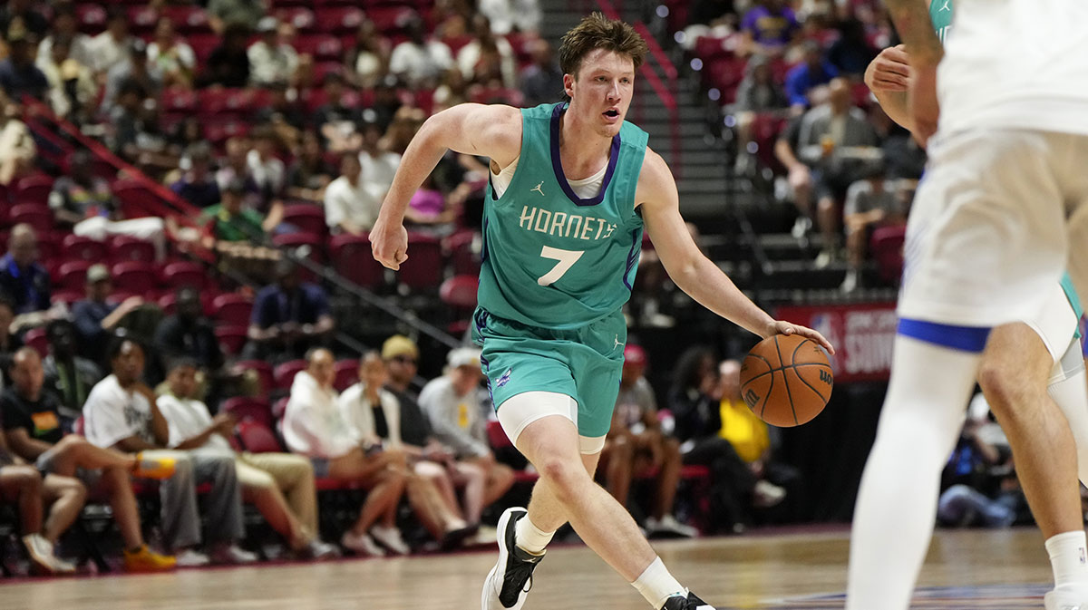 Charlotte Hornets guard Kon Knueppel (7) dribbles the ball against the Dallas Mavericks during the second half of a NBA basketball game at the Thomas & Mack Center.