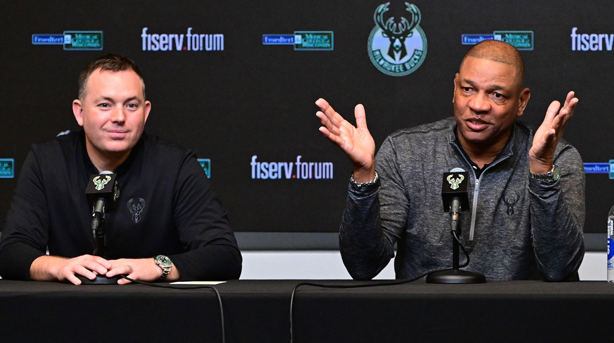 Doc Rivers speaks at a press conference with general manager Jon Horst where he was introduce as the new head coach of the Milwaukee Bucks at the Fiserv Forum.