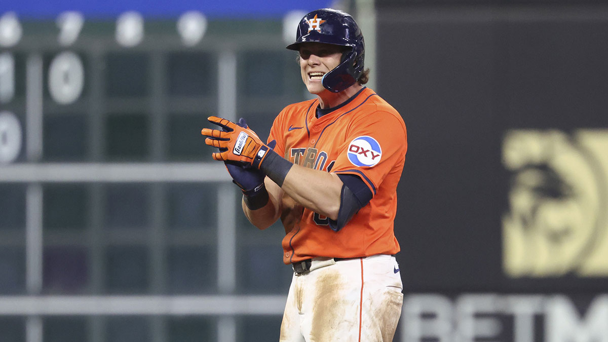 Houston Astros center fielder Jake Meyers (6) reacts after hitting a double during the eighth inning against the Tampa Bay Rays at Daikin Park.