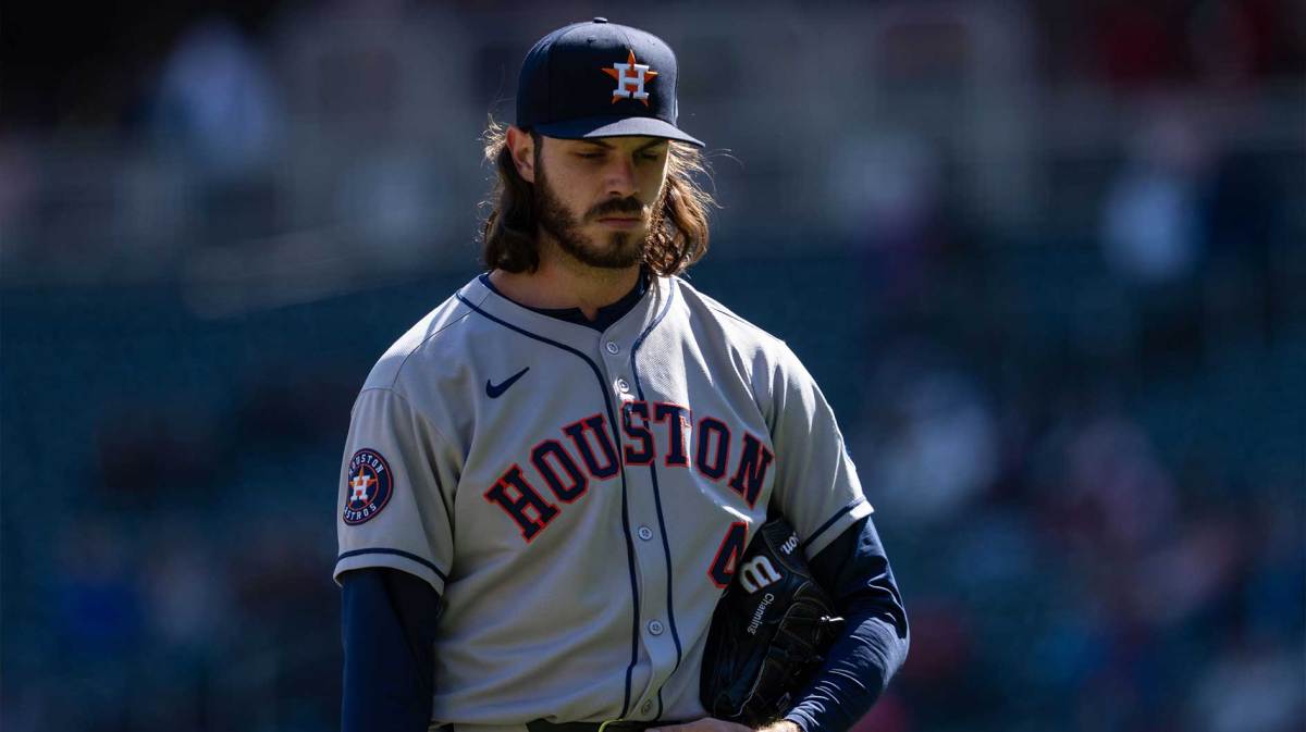 Houston Astros starting pitcher Spencer Arrighetti (41) walks to the dugout after being relieved during the fourth inning against the Minnesota Twins at Target Field.