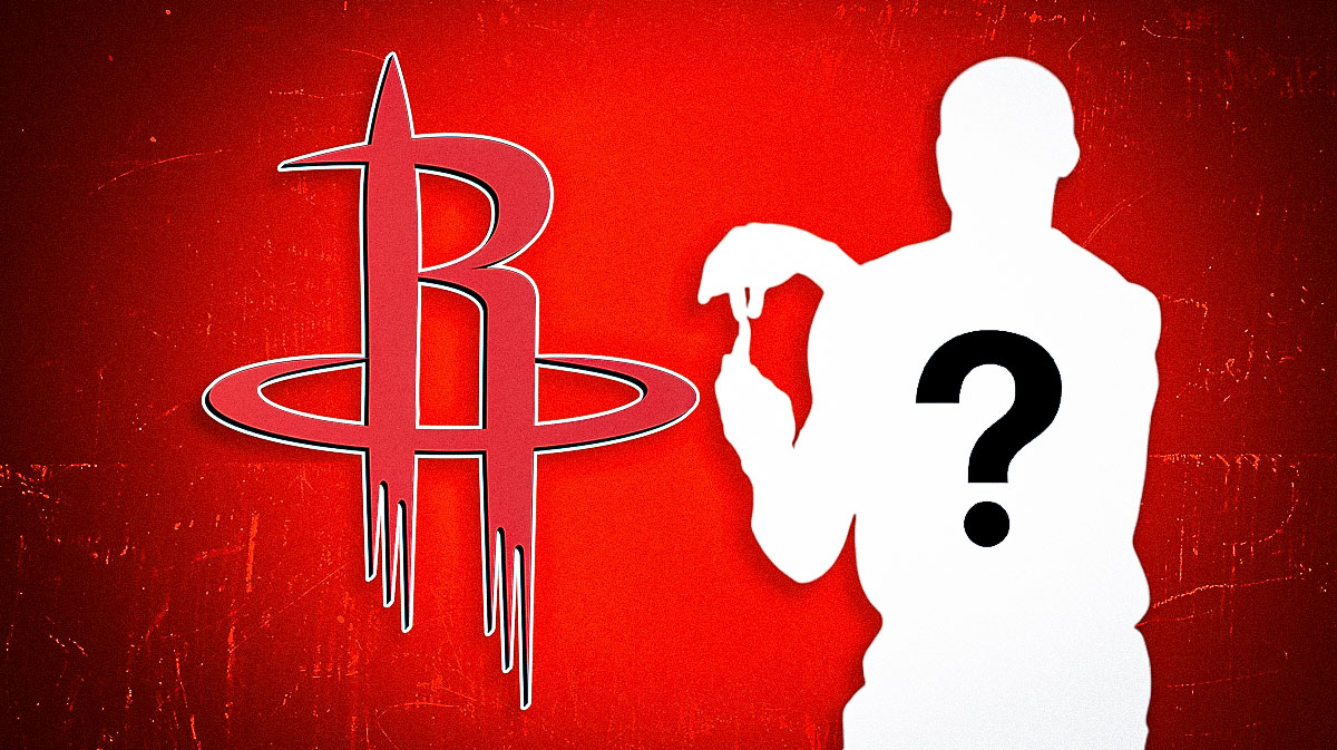Mystery player in the middle, Question marks and Houston Rockets logo all over the background