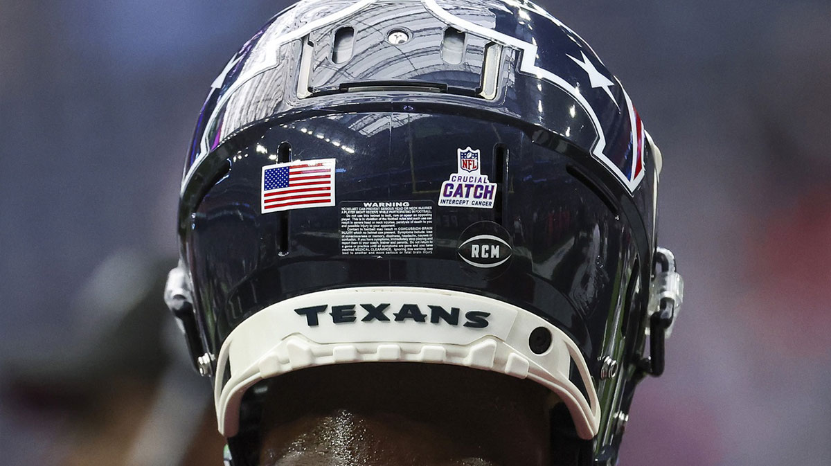 General view of a Crucial Catch logo on the helmet of Houston Texans wide receiver Robert Woods (2) before the game against the New Orleans Saints at NRG Stadium.