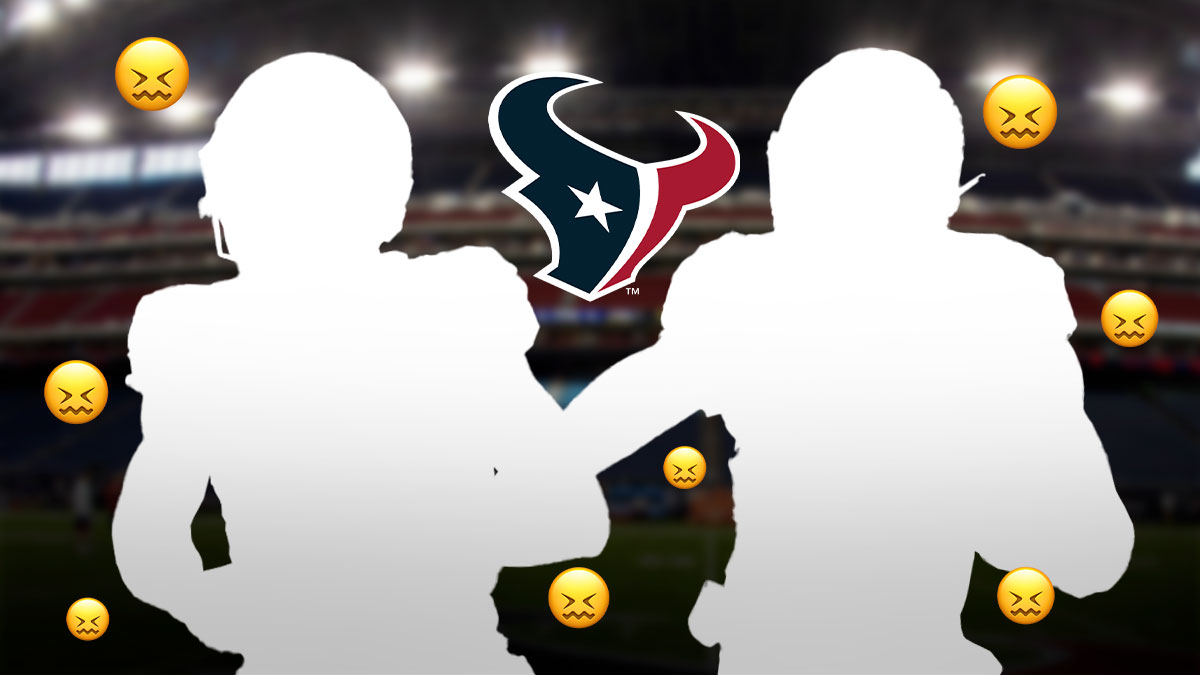 Mystery player in the middle, 😖 emojis around him, Houston Texans logo in the background