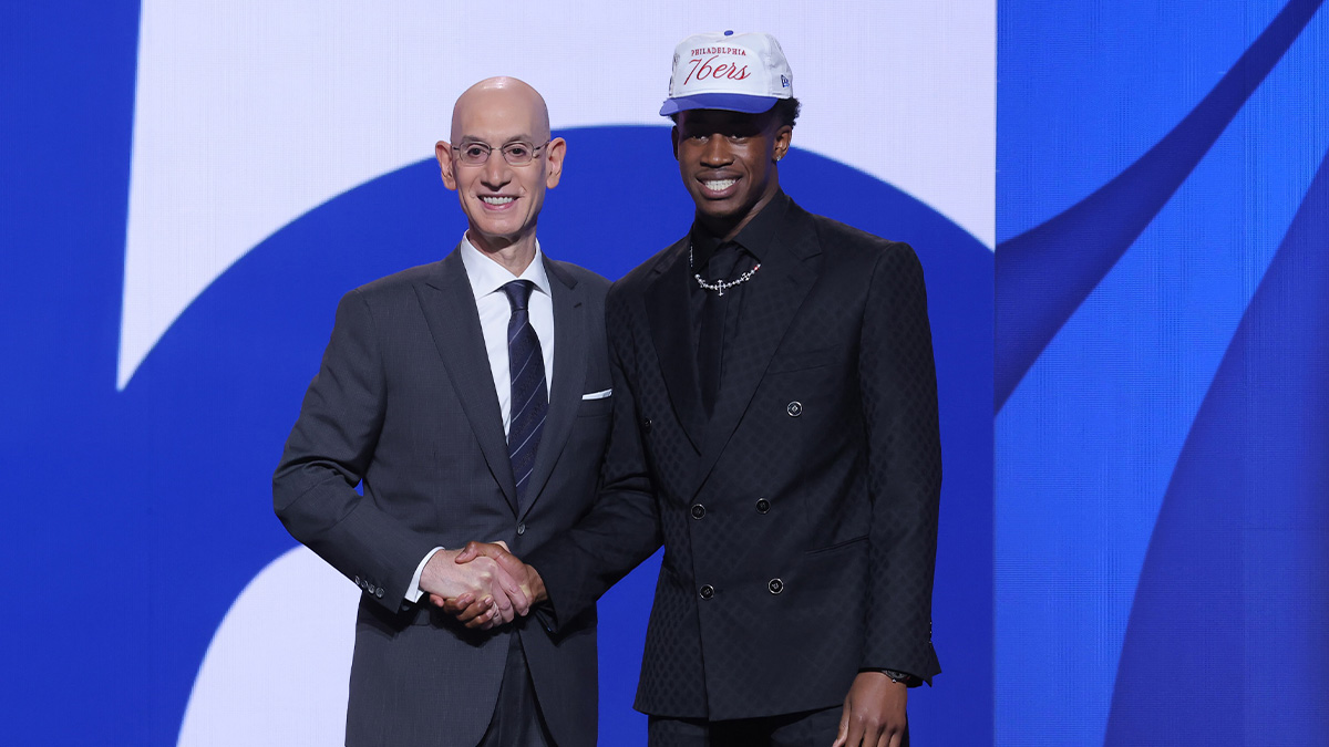 VJ Edgecombe stands with NBA commissioner Adam Silver after being selected as the third pick by the Philadelphia 76ers in the first round of the 2025 NBA Draft at Barclays Center.