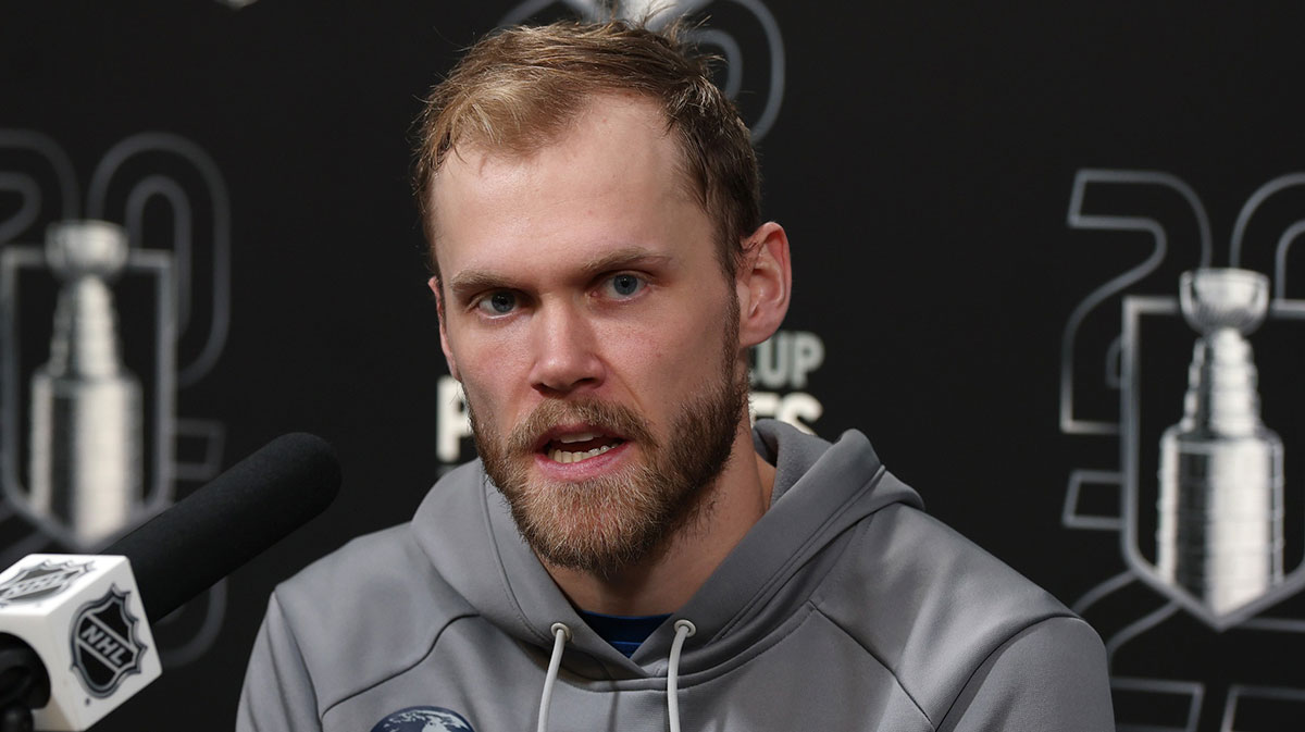Winnipeg Jets left wing Nikolaj Ehlers (27) talks to media after their victory over the Dallas Stars in game two of the second round of the 2025 Stanley Cup Playoffs at Canada Life Centre.