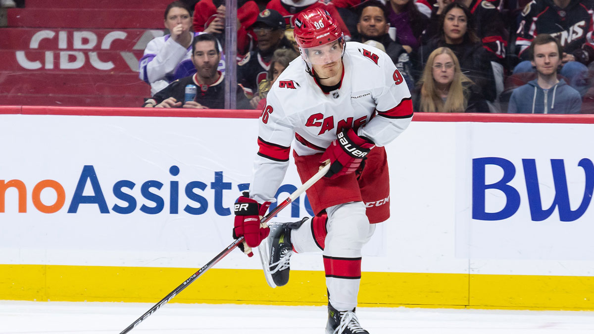 Carolina Hurricanes center Jack Roslovic (96) shoots the puck in the second period against the Ottawa Senators at the Canadian Tire Centre.