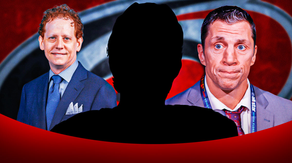 Eric Tulsky (Hurricanes GM) and Rod Brind'Amour (Hurricanes head coach) on the outsides. Mystery player in the middle. Hurricanes logo in the background.