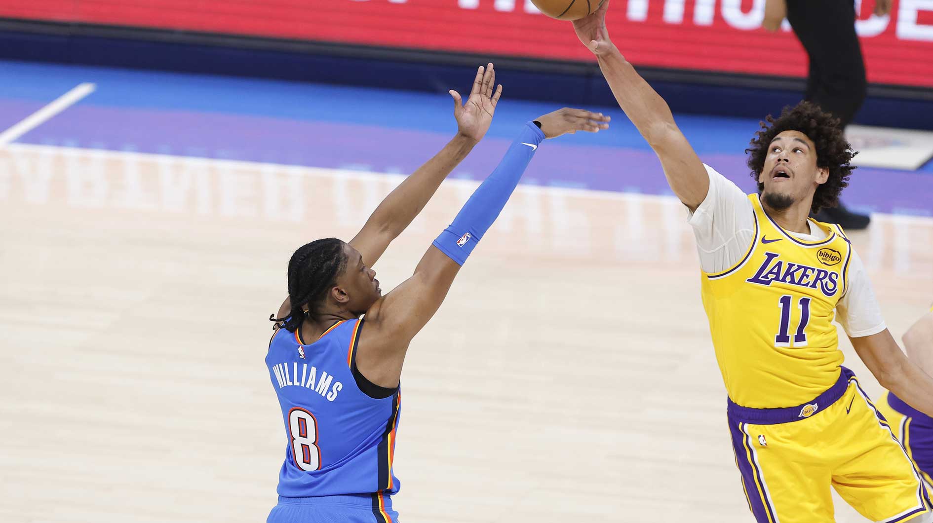 Oklahoma City Thunder forward Jalen Williams (8) has a shot blocked by Los Angeles Lakers center Jaxson Hayes (11) during the first quarter at Paycom Center.