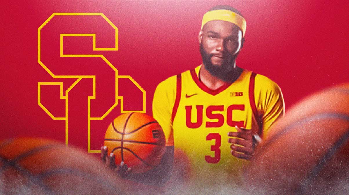 College basketball player Amarion Dickerson in a USC Trojans basketball jersey. Have the USC Trojans logo in the background. Transfer portal