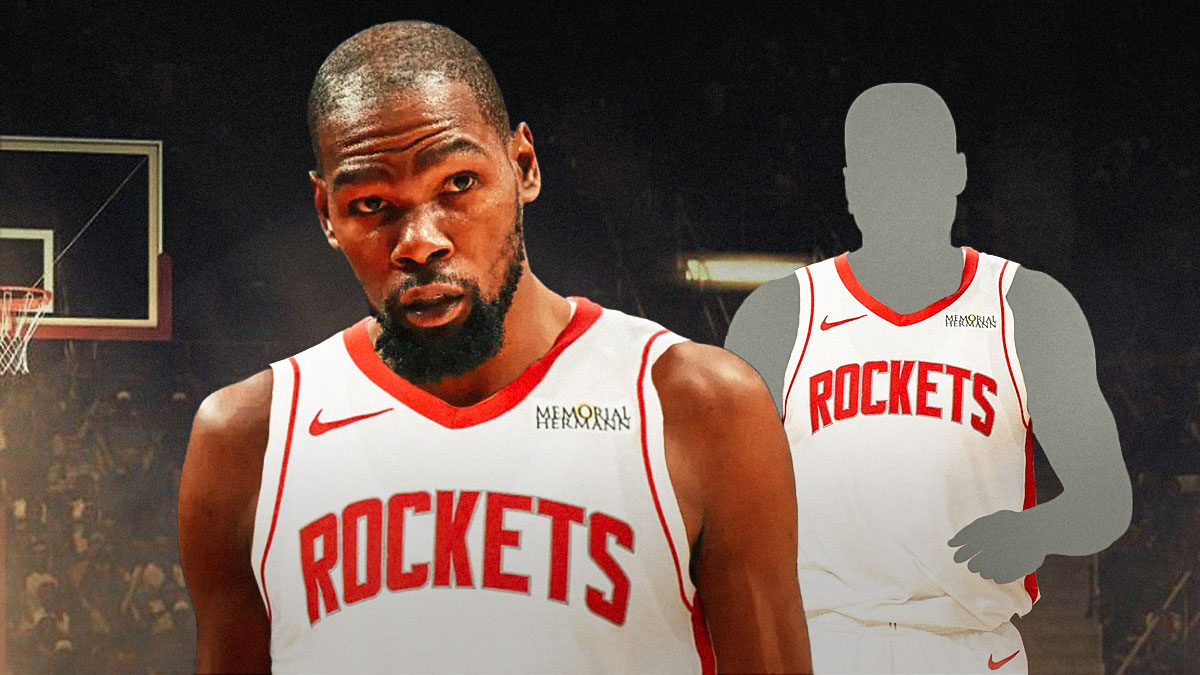 NBA player Kevin Durant in a Houston Rockets jersey alongside a shadowy player in a Houston Rockets jersey, offseason NBA free agency signing