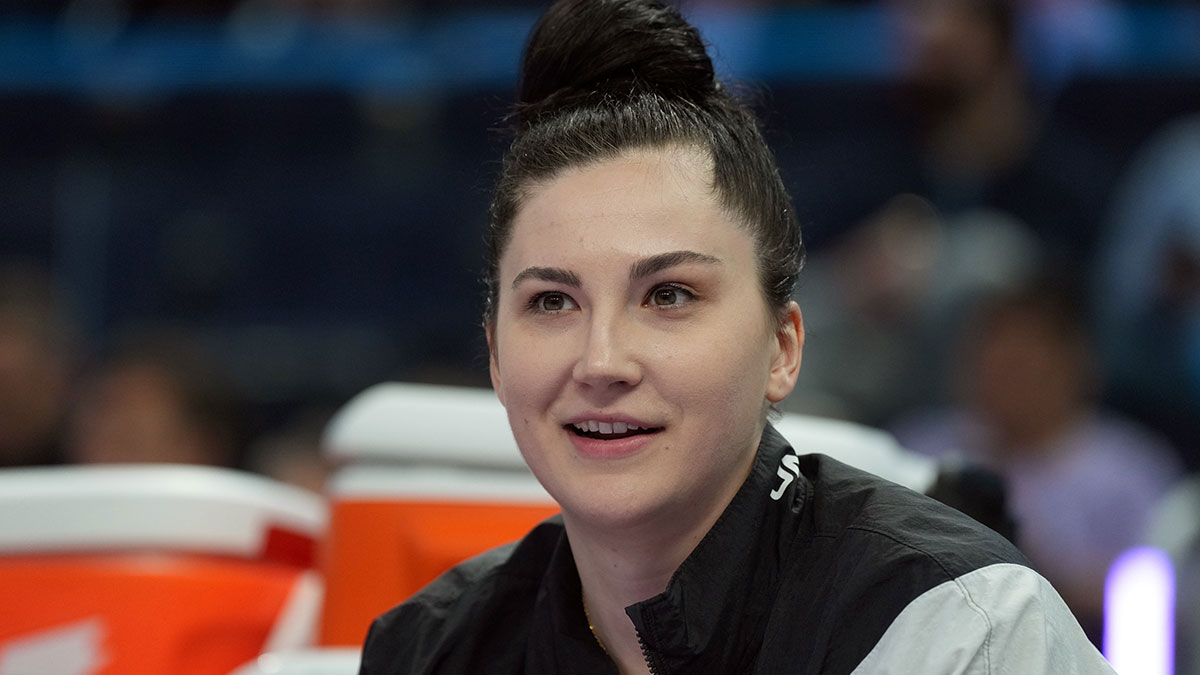 Las Vegas Aces center Megan Gustafson (17) sits on the bench during the first quarter against the Golden State Valkyries at Chase Center.