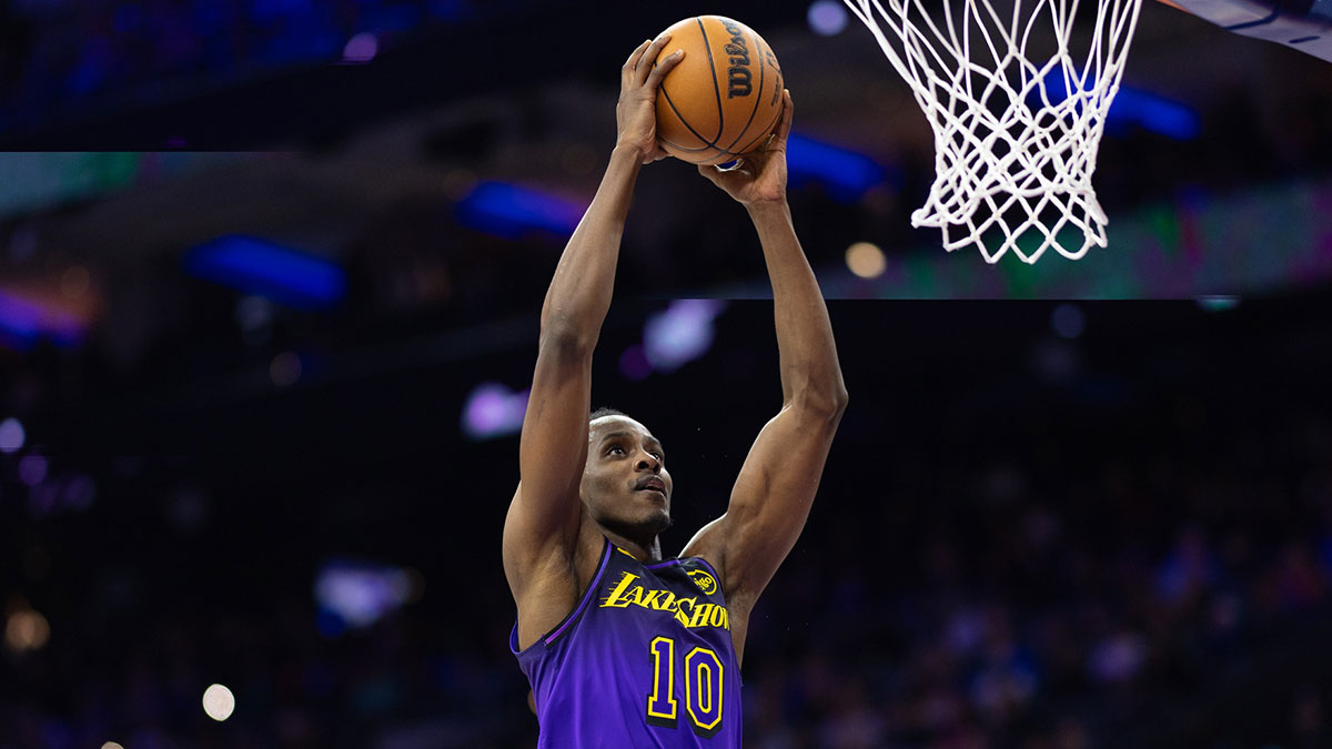 Los Angeles Lakers center Christian Koloko (10) drives for a shot against the Philadelphia 76ers during the second quarter at Wells Fargo Center.