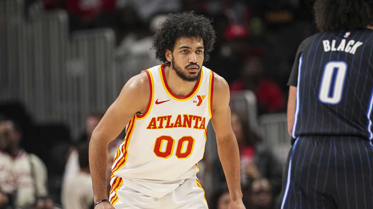 Atlanta Hawks forward Jacob Toppin (00) on the court during the game against the Orlando Magic during the second half at State Farm Arena.