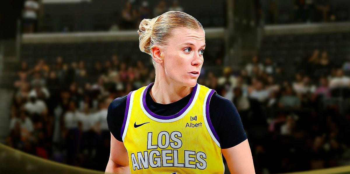 WNBA player Julie Vanloo in a LA Sparks jersey with the LA Sparks arena in the background, signing