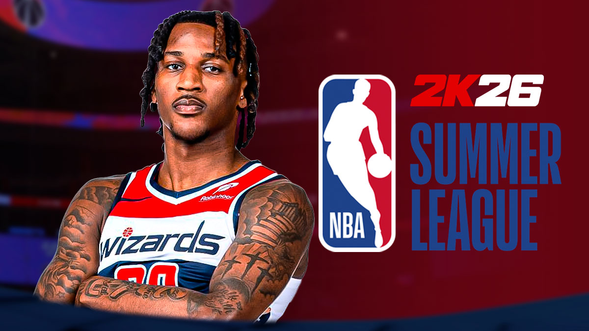 NBA player Tre Johnson in a Washington Wizards jersey with the NBA Summer League logo in the background, pass assist